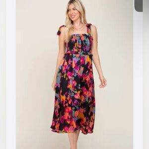 Jodifl Colorful & Black Smeared Floral Print Tie Shoulder MIDI Dress Sz S